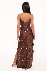 Ciao Ruffles Maxi Satin Dress - Brown Polka Dot