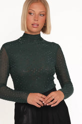 Alejandra Embellished Mesh Top - Hunter Green