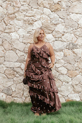 Ciao Ruffles Maxi Satin Dress - Brown Polka Dot