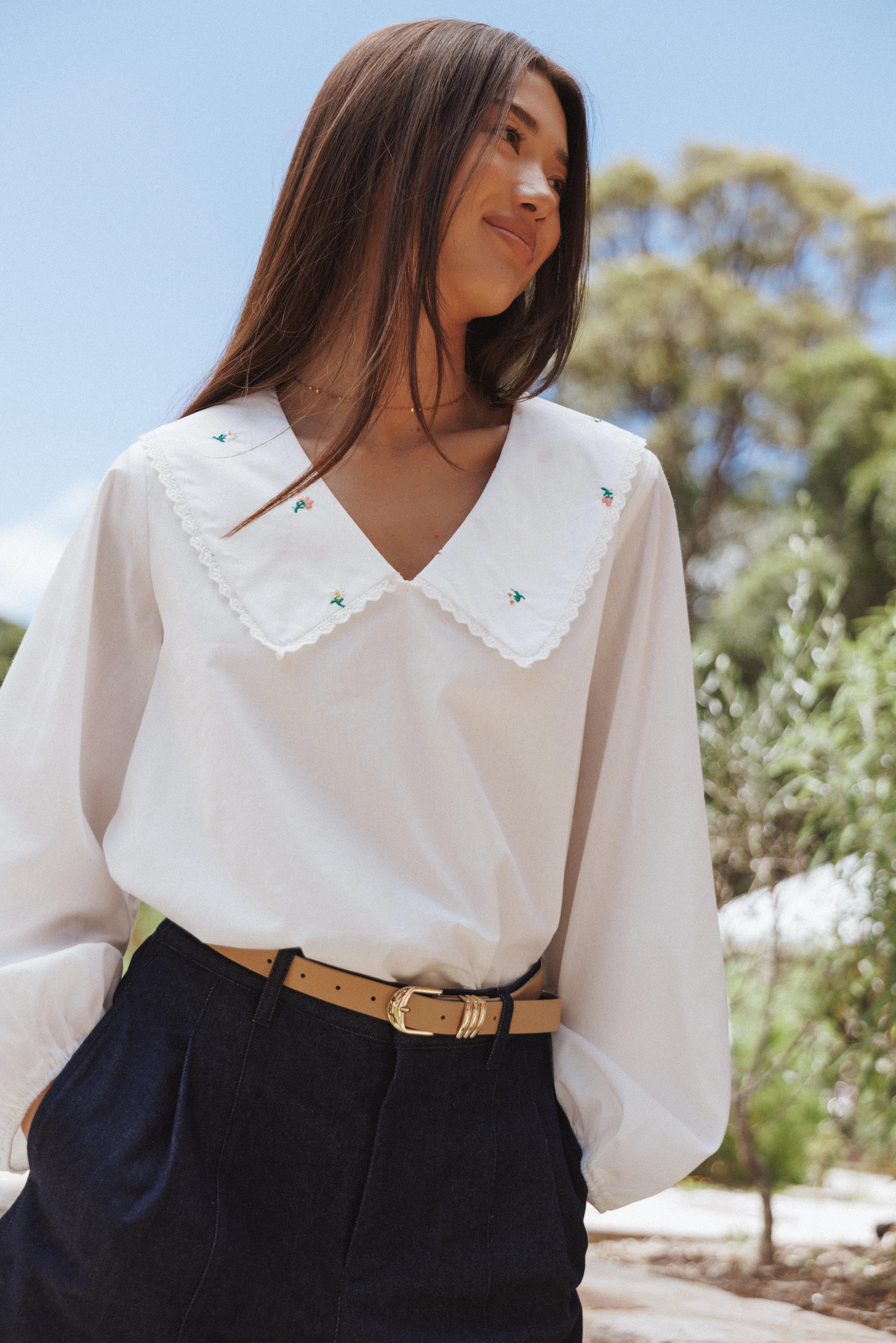 Kenna Embroidered Long Sleeve Top - White Floral