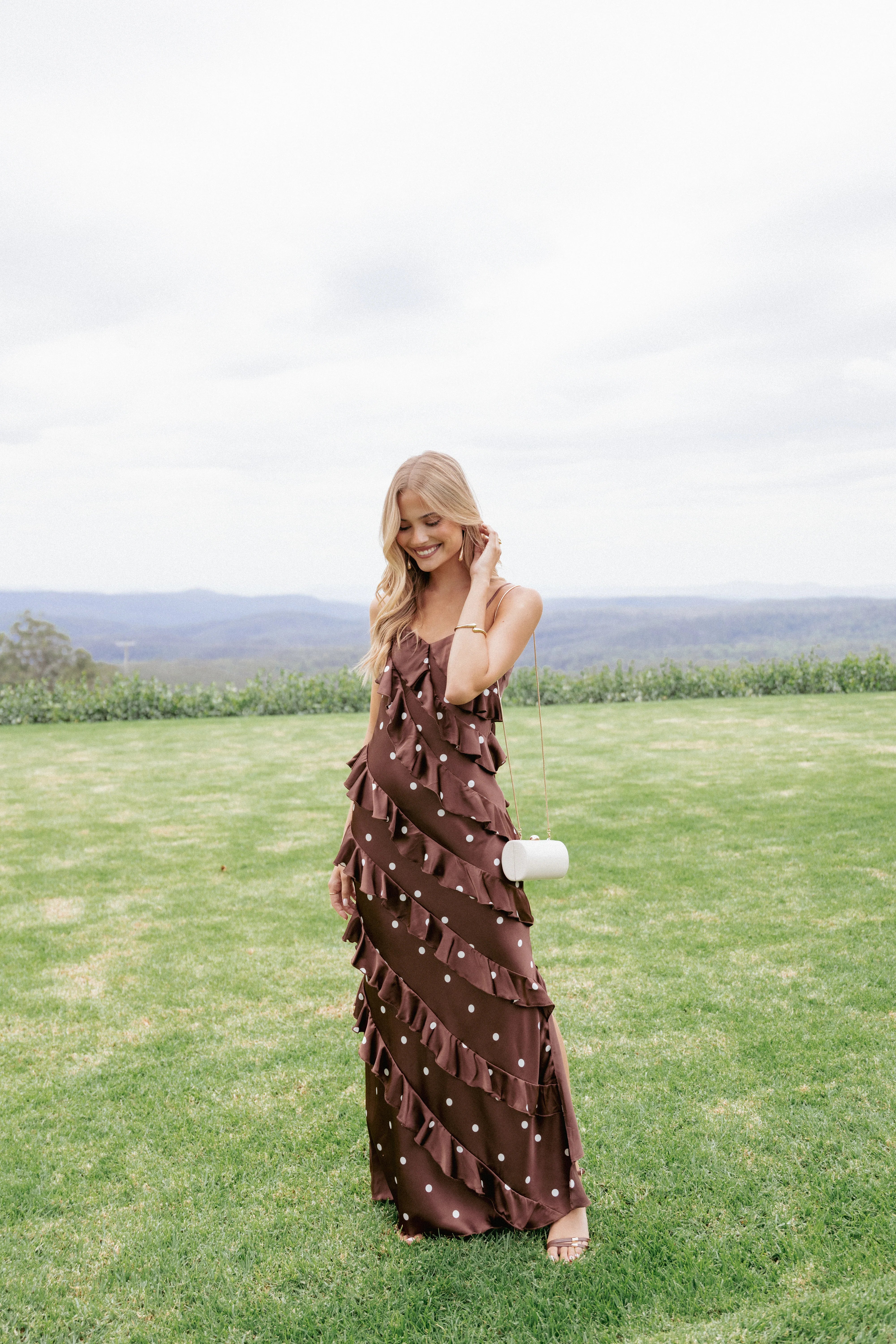 Ciao Ruffles Maxi Satin Dress - Brown Polka Dot