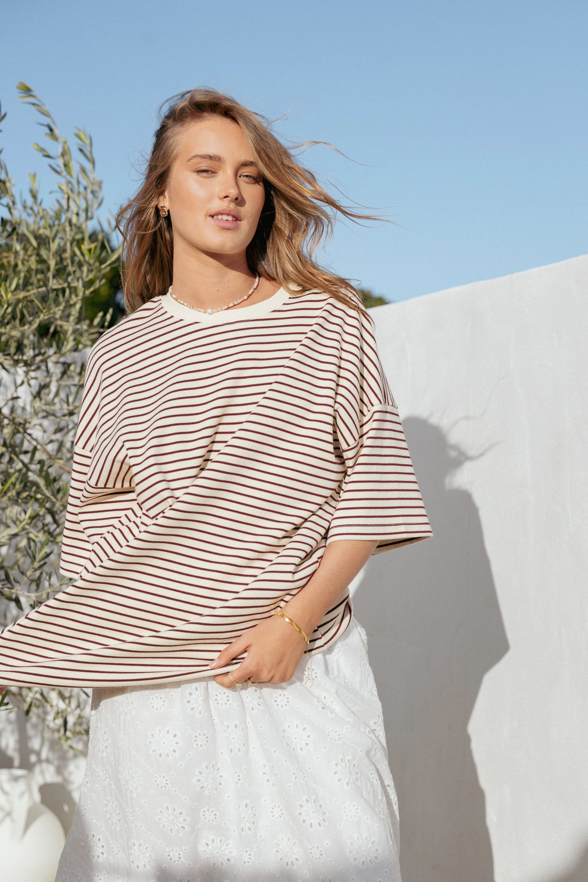 Wilda Oversized Tee - Cream Tan Stripe