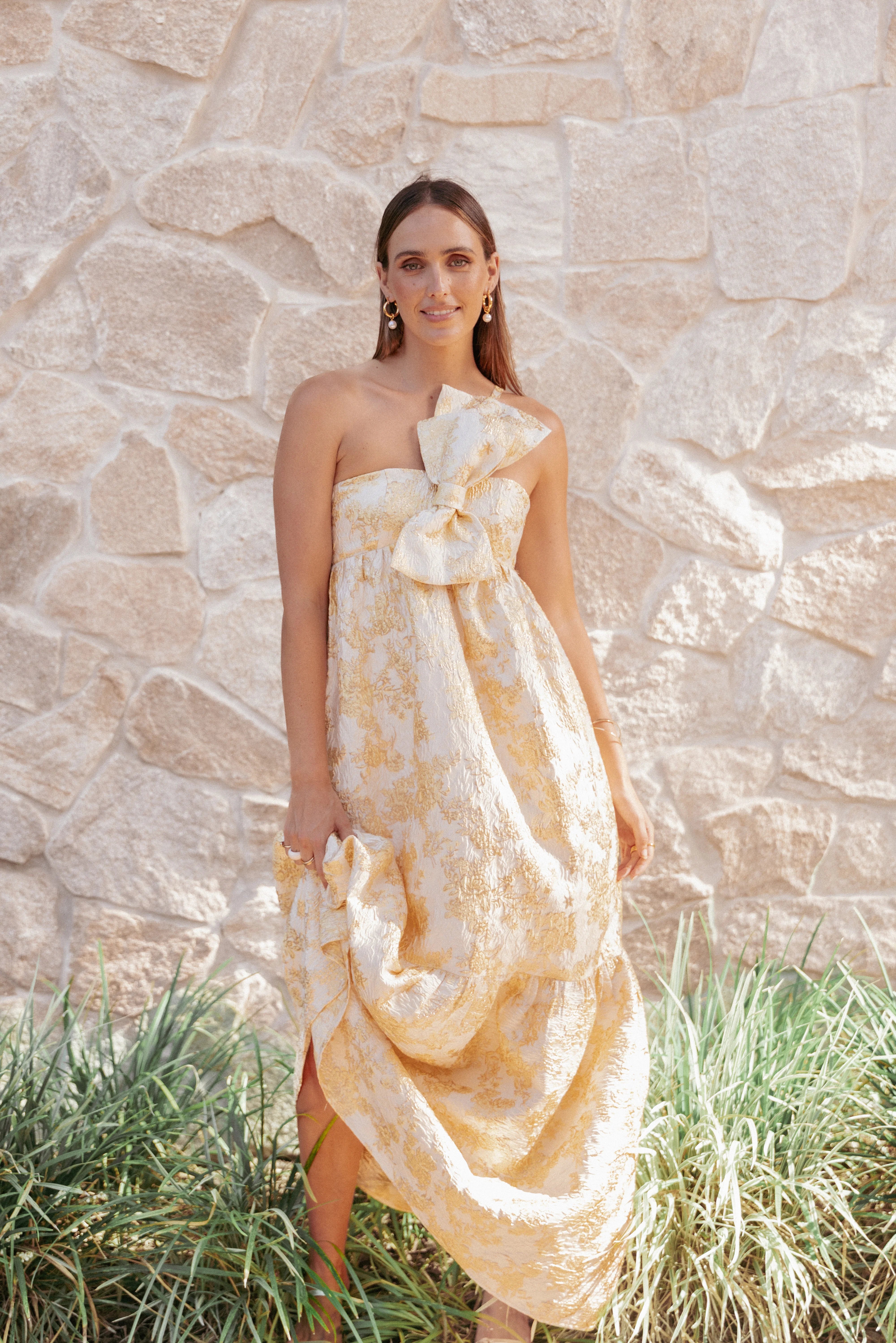 Betina Bow Front Maxi Dress - Yellow Brocade