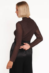 Alejandra Embellished Mesh Top - Dark Chocolate