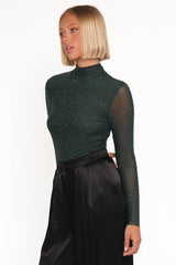Alejandra Embellished Mesh Top - Hunter Green