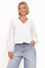 Kenna Embroidered Long Sleeve Top - White Floral
