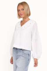 Kenna Embroidered Long Sleeve Top - White Floral