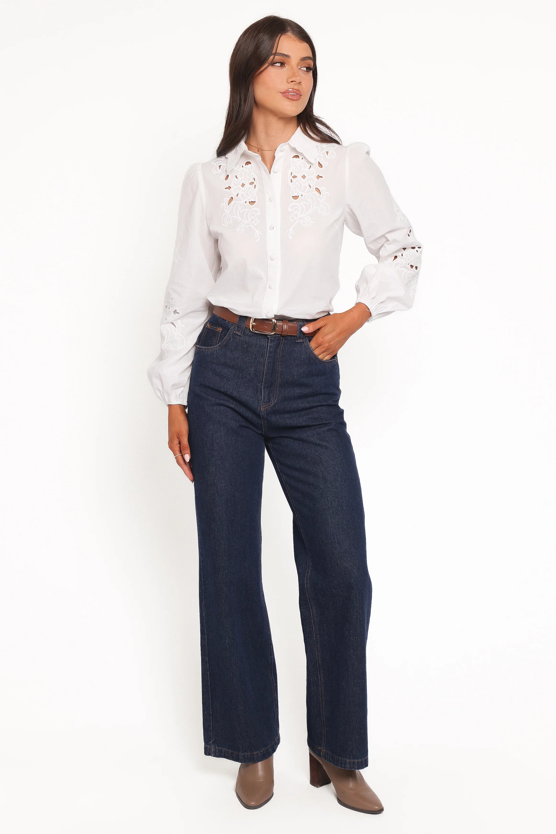 Aeloria Button Front Shirt - White Embroidery